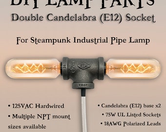 Black Malleable Iron Double Candelabra (E12) Socket 1/2" Tee Fitting for Steampunk Industrial Pipe DIY Lamp Making Parts NPT Mount