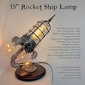 15" Rocket Ship Spaceship Steampunk Industrial Pipe Desk Lamp with 4 booster lights, 8" round wood base, multiple model and bulb options