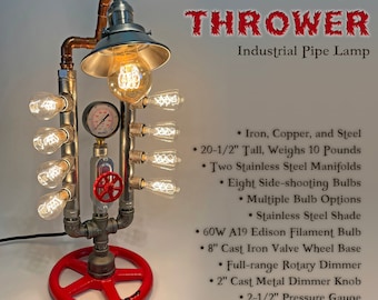 THE FLAME THROWER 21" Steampunk Industrial Pipe Table or Desk Lamp w/ Rotary Dimmer, Stainless Steel Shade, Pressure Gauge, Cast Iron Base