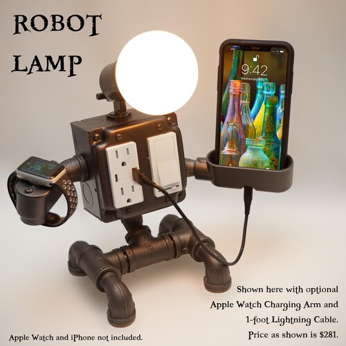 Steampunk Robot Industrial Pipe Desk Lamp with USB & AC Outlets, Dimmer, Metal Smartphone Cradle, All Metal Construction, Cloth Covered Cord