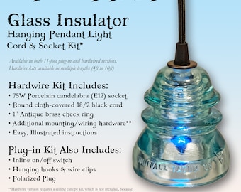 Glass Insulator Hanging Pendant Light Kit - Includes Porcelain Socket, Cloth Covered Black Cord, Mounting Hardware DIY Lamp Parts 125VAC