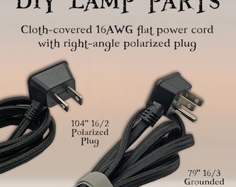 Black cloth covered flat power cord for Lampmaking, 79" 16/3 or 104" 16/2 wire with space-saving right-angle plug, Steampunk DIY Lamp parts