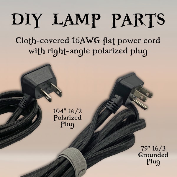 Black cloth covered flat power cord for Lampmaking, 79" 16/3 or 104" 16/2 wire with space-saving right-angle plug, Steampunk DIY Lamp parts