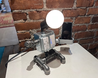 Robot Steampunk Industrial Pipe Desk Lamp with Dimmer, AC & USB outlets, Smartphone Charging Cradle, special UNPAINTED version