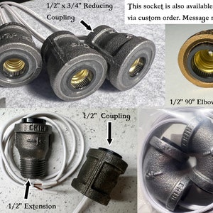 May include: A variety of 1/2 inch pipe fittings for plumbing or electrical projects.  The fittings include a 1/2 inch x 3/4 inch reducing coupling, a 1/2 inch coupling, a 1/2 inch 45 degree street elbow, a 1/2 inch 90 degree street elbow, and a 1/2 inch extension.  The text "This socket is also available in a variety of other fittings, via custom order. Message me for details." is visible in the image.