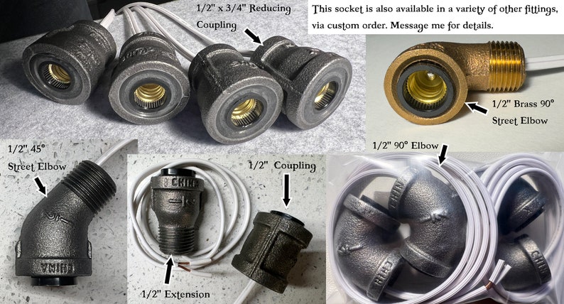 May include: A variety of 1/2 inch pipe fittings for plumbing or electrical projects.  The fittings include a 1/2 inch x 3/4 inch reducing coupling, a 1/2 inch coupling, a 1/2 inch 45 degree street elbow, a 1/2 inch 90 degree street elbow, and a 1/2 inch extension.  The text "This socket is also available in a variety of other fittings, via custom order. Message me for details." is visible in the image.