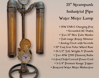 25" Industrial Pipe Water Meter Lamp with Clock, 20W USB-C, AC Outlet, Dimmer, Perforated Stainless Steel Tube Shades, Cast Iron Base