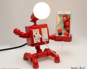 Steampunk Industrial Robot Pipe Desk Lamp with Dimmer, AC and USB outlets, Smartphone Charging Cradle, special edition COLORS all metal