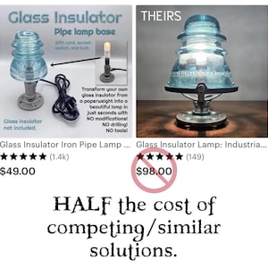 May include: A light blue glass insulator mounted on a grey iron pipe base with a black electrical cord and plug. The assembly includes a socket and bulb, designed to hold a glass insulator as a lamp. Text on the image reads Glass Insulator, Pipe lamp base, THEIRS, and HALF the cost of competing/similar solutions.