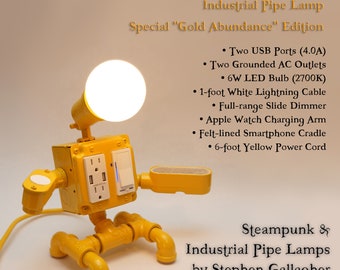 Special Edition Yellow Robot Steampunk Industrial Pipe Desk Lamp with Dimmer, AC/USB outlets, Smartphone Cradle, Apple Watch Charger