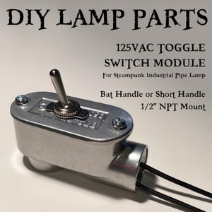May include: Silver toggle switch module for a steampunk industrial pipe lamp. The switch has a bat handle and a 1/2 inch NPT mount.