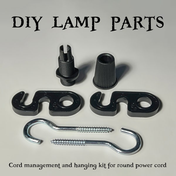 Accessory Kit for Round Power Cord - Includes two metal hooks, two cord management clips, and strain relief - DIY Lamp Making Parts