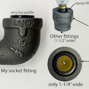 May include: A comparison of two light socket fittings. The fitting on the left is a compact, low-profile design with a 1-1/4" width. The fitting on the right is a traditional design with a 1-1/2" width and requires epoxy filler to seal the gap. The text "My socket fitting" is below the left fitting and "Other fittings (1-1/2" wide)" is below the right fitting.