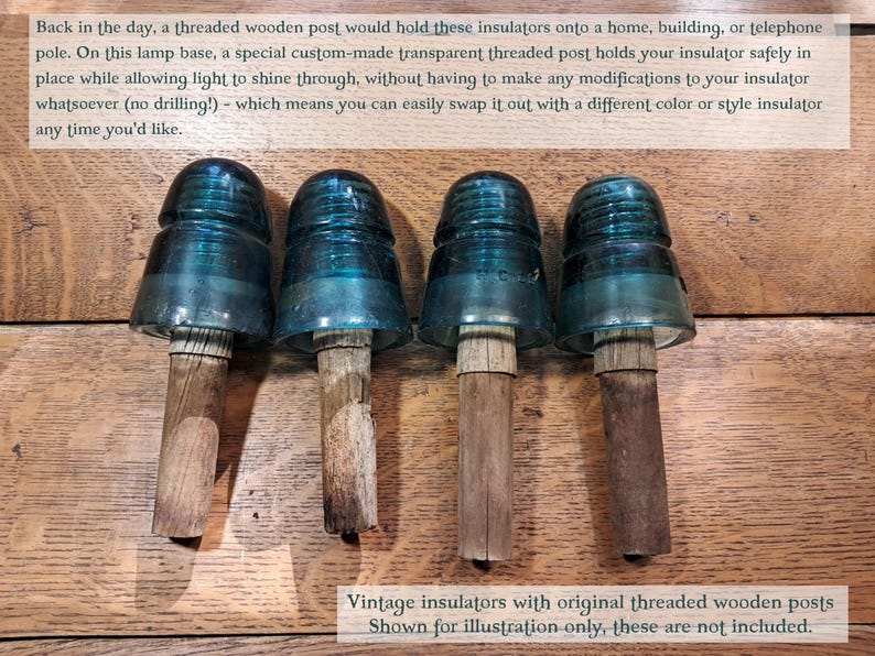 May include: Four vintage glass insulators in varying shades of teal and blue, each mounted on a weathered, cylindrical wooden post. The insulators feature a rounded top and a flared base, displaying a smooth, translucent surface texture.