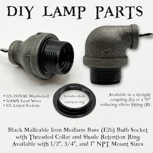 Black Iron Medium Base E26 Bulb Socket with Threaded Collar and Shade Ring for Industrial Pipe Steampunk Lamp DIY Parts 125VAC Hardwired