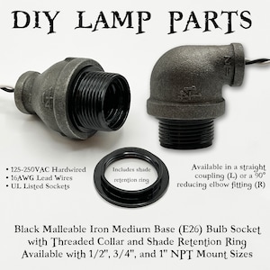 Black Iron Medium Base E26 Bulb Socket with Threaded Collar and Shade Ring for Industrial Pipe NPT Steampunk Lamp DIY Parts 125VAC Hardwired