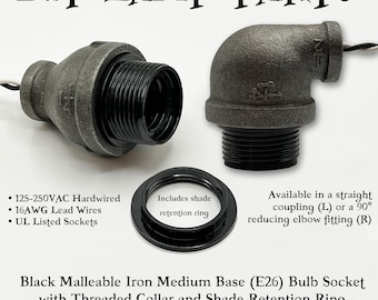 Black Iron Medium Base E26 Bulb Socket with Threaded Collar and Shade Ring for Industrial Pipe NPT Steampunk Lamp DIY Parts 125VAC Hardwired