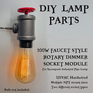 Puede incluir: Un kit de lámpara DIY con un módulo de zócalo de dimmer rotatorio de estilo grifo de 100 W. El kit es para una lámpara de tubería industrial steampunk e incluye una perilla roja, una tubería negra y una bombilla transparente. El texto en la imagen dice "DIY LAMP PARTS", "100W FAUCET STYLE ROTARY DIMMER SOCKET MODULE", "For Steampunk Industrial Pipe Lamp", "125VAC Hardwired", "Multiple NPT mount sizes", "Two different socket types", y "Bulb not included."