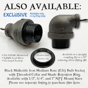 1/2" Black Iron 90º Street Elbow with 75W Candelabra E12 Socket for Steampunk Industrial Pipe Lighting DIY Lamp Parts 125VAC Hardwired image 11