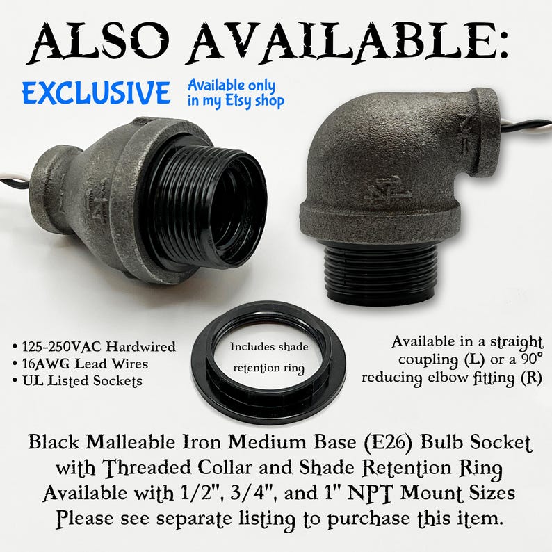 1/2" Black Iron 90º Street Elbow with 75W Candelabra E12 Socket for Steampunk Industrial Pipe Lighting DIY Lamp Parts 125VAC Hardwired image 11