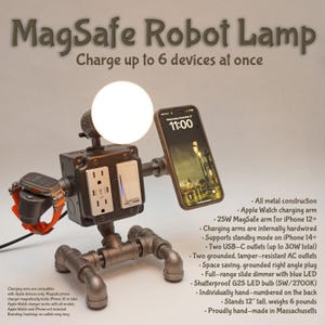 Steampunk Robot Lamp with MagSafe, Apple Watch Charger, USB-C, AC Outlets