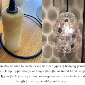 May include: A pendant light kit featuring a cylindrical, textured, off-white glass shade with a black cord, and a second image showing a clear, textured glass pendant shade with pink and white circular accents, including a 3.175 cm lamp nipple.