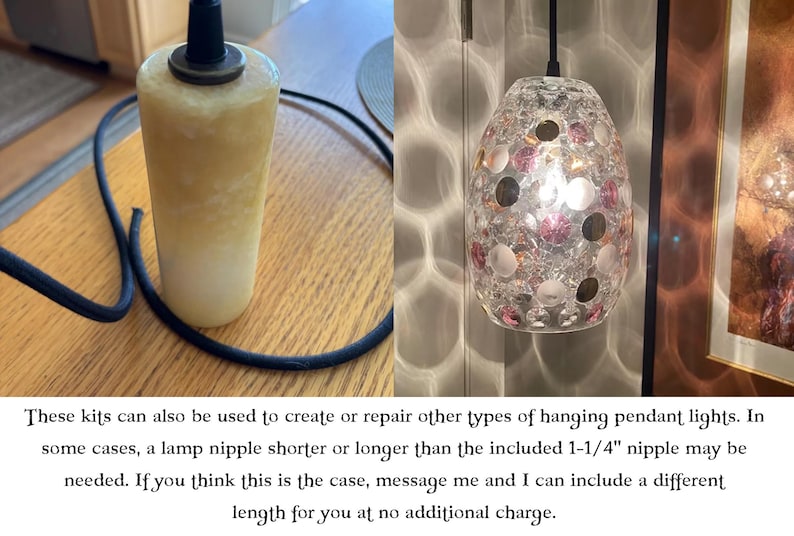 May include: A pendant light kit featuring a cylindrical, textured, off-white glass shade with a black cord, and a second image showing a clear, textured glass pendant shade with pink and white circular accents, including a 3.175 cm lamp nipple.