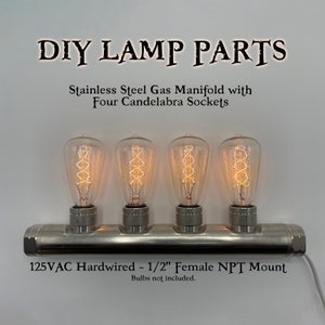 May include: A stainless steel gas manifold featuring four candelabra sockets, labeled DIY LAMP PARTS, Stainless Steel Gas Manifold with Four Candelabra Sockets, and 125VAC Hardwired - 1/2" Female NPT Mount. Four lit Edison-style light bulbs are installed.