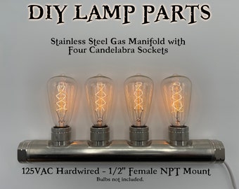 Stainless Steel Gas Manifold 1/2" NPT Mount with Four Candelabra E12 Sockets for Steampunk Industrial Pipe Lamp DIY Parts 125VAC Hardwired