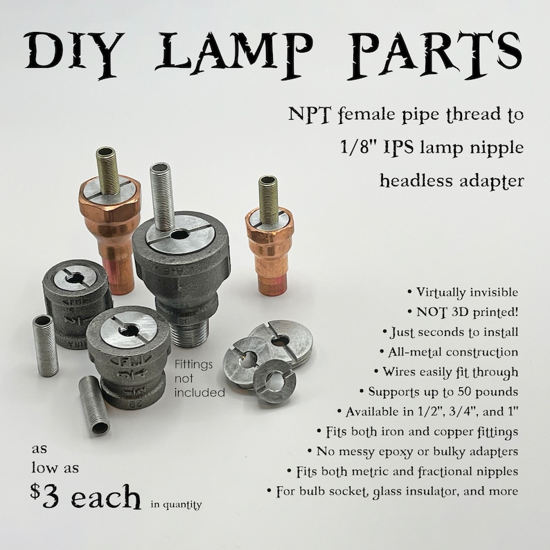 1/2 3/4 1 NPT pipe thread to 1/8 IPS NPS headless lamp nipple adapter diy Steampunk Industrial Lamp parts, glass insulator bulb socket image 1