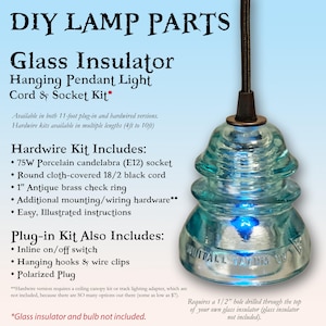 Glass Insulator Hanging Pendant Light Kit - Includes Porcelain Socket, Cloth Covered Black Cord, Mounting Hardware DIY Lamp Parts 125VAC
