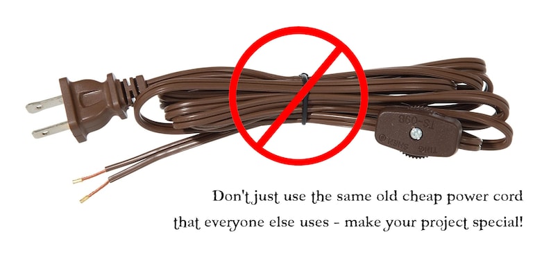 May include: A brown electrical power cord featuring a two-prong plug, a rotary switch labeled TS-09B, and two exposed wire ends. A red circle with a diagonal line is superimposed over the cord. Text reads: Don't just use the same old cheap power cord that everyone else uses - make your project special!