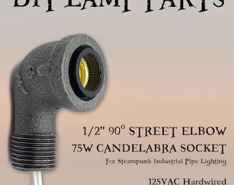 1/2" Black Iron 90º Street Elbow with 75W Candelabra E12 Socket for Steampunk Industrial Pipe Lighting DIY Lamp Parts 125VAC Hardwired