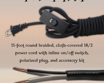 11 foot round cloth covered 18/2 power cord with polarized plug, inline switch, for DIY Steampunk Lamp making, vintage look wire parts