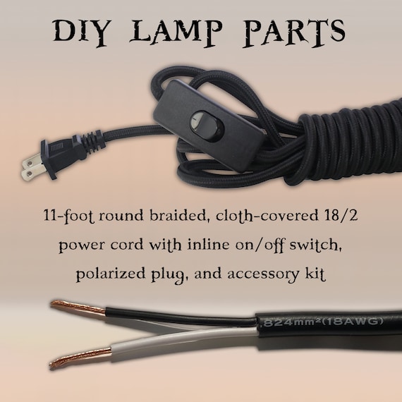 11 foot round cloth covered 18/2 power cord with polarized plug, inline switch, for DIY Steampunk Lamp making, vintage look wire parts