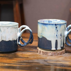 Large Handmade Ceramic Mug with Double Handle – Blue White Gradient Pottery Coffee Cup, Microwave Safe Gift for Coffee Lovers