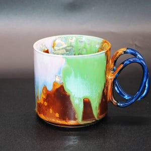 Handmade Wabi-Sabi Ceramic Mug: Boho Rainbow Glaze, 15oz