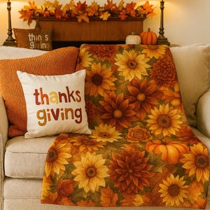 Pumpkin Sunflowers Rustic Fall Throw Blanket, Autumn Floral Cozy Sofa Blanket, Thanksgiving Pumpkin Throw Blanket, Fall Hostess Gift