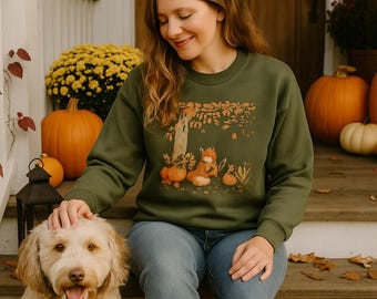 Sudadera de zorro otoñal, jersey cottagecore, jersey de calabaza, top otoñal acogedor, suéter con animales del bosque
