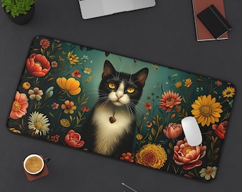 Tapete de escritorio vintage con diseño de gato floral de 40,6 x 81,2 cm, decoración de escritorio, accesorio de oficina, regalo para amantes de los gatos, decoración de oficina en casa, estilo cottagecore.