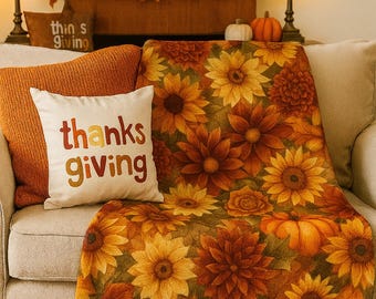 Pumpkin Sunflower Fall Throw Blanket, Rustic Thanksgiving Decor