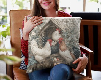 Vintage Rooster Pillow Cover Farmhouse Barn Hen House Rooster Hen Cushion Rustic Cottagecore Decor