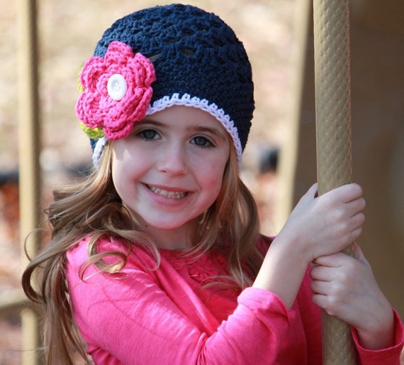 Items similar to Girls Dark Blue Crochet Hat Beanie with Pink Flower ...