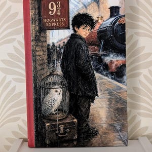 Può includere: Un libro con copertina rigida che mostra l'illustrazione di una giovane persona con capelli scuri e occhiali su un binario. Un gufo bianco è in una gabbia di metallo sopra una valigia marrone. Un cartello rosso recita 9 3/4 HOGWARTS EXPRESS.