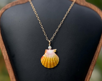 Yellow and Pink Hawaiian Sunrise Shell Floating Gold Pendant Necklace W/ White Pearl