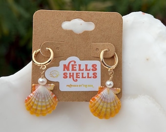 Gold Hawaiian Sunrise Shell Hoop Huggie Dangle Earrings W/ White Pearl