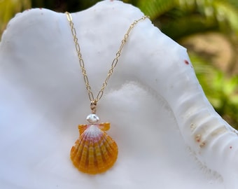 Yellow and Pink Hawaiian Sunrise Shell Floating Gold Pendant Necklace with White Pearl