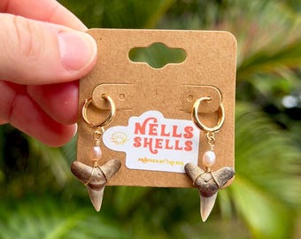 Gold Bone Valley Shark Tooth Pink Pearl Hoop Huggie Earrings