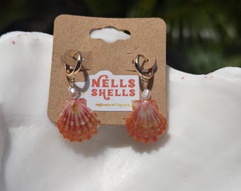 Orange Tiger Hawaiian Sunrise Shell Gold Hoop Huggie Dangle Earrings W/ Keshi Pearls