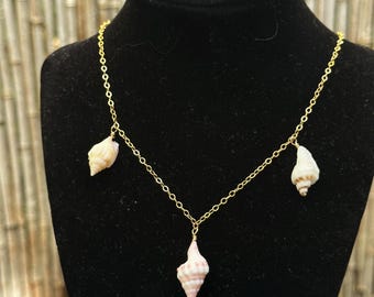 Gold Triple Cone Shell Necklace  (17in chain)